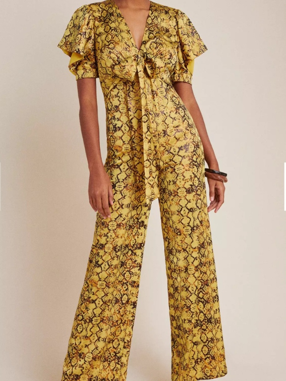 Current Air Jumpsuit Womens XS Yellow Snake Print Flutter Sleeve Anthropologie
